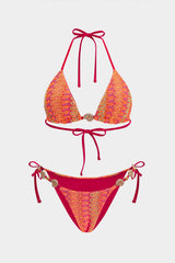 Multi Textured Crochet Triangle Halter Tie Side Bikini Set With Gold Shell Hardware Detail