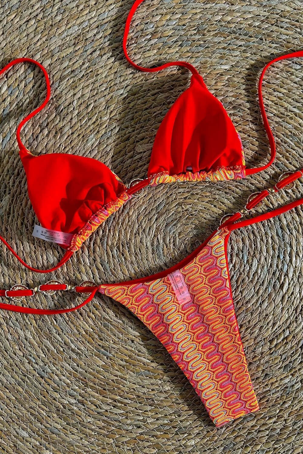 Multi Textured Crochet Triangle Halter Tie Side Bikini Set With Gold Shell Hardware Detail