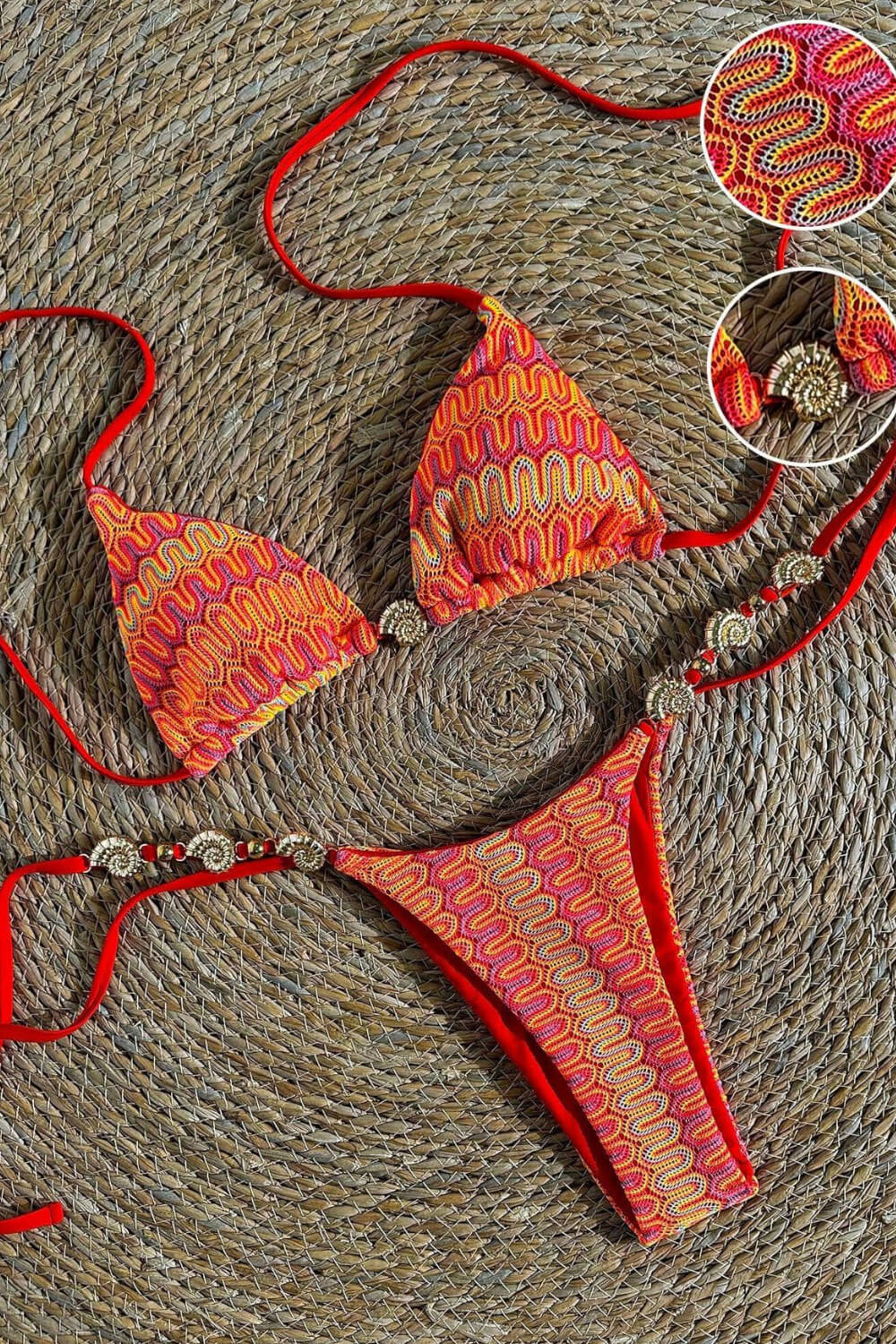 Multi Textured Crochet Triangle Halter Tie Side Bikini Set With Gold Shell Hardware Detail
