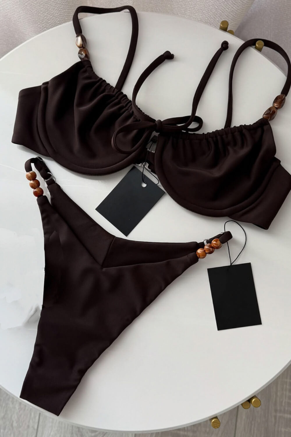 Drawstring Tie Front Underwired Bikini Set With Bead Details