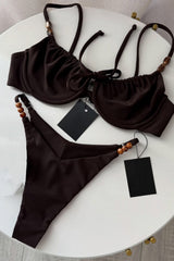 Drawstring Tie Front Underwired Bikini Set With Bead Details