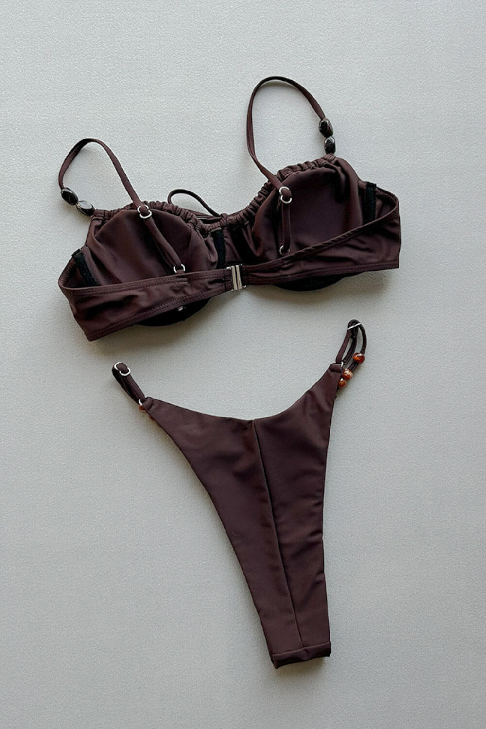 Drawstring Tie Front Underwired Bikini Set With Bead Details