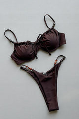 Drawstring Tie Front Underwired Bikini Set With Bead Details