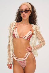Retro Red Gingham Dot Print Ruffled Lace Trim Triangle Halter Tie Side Bikini Set With Blue Bow Details