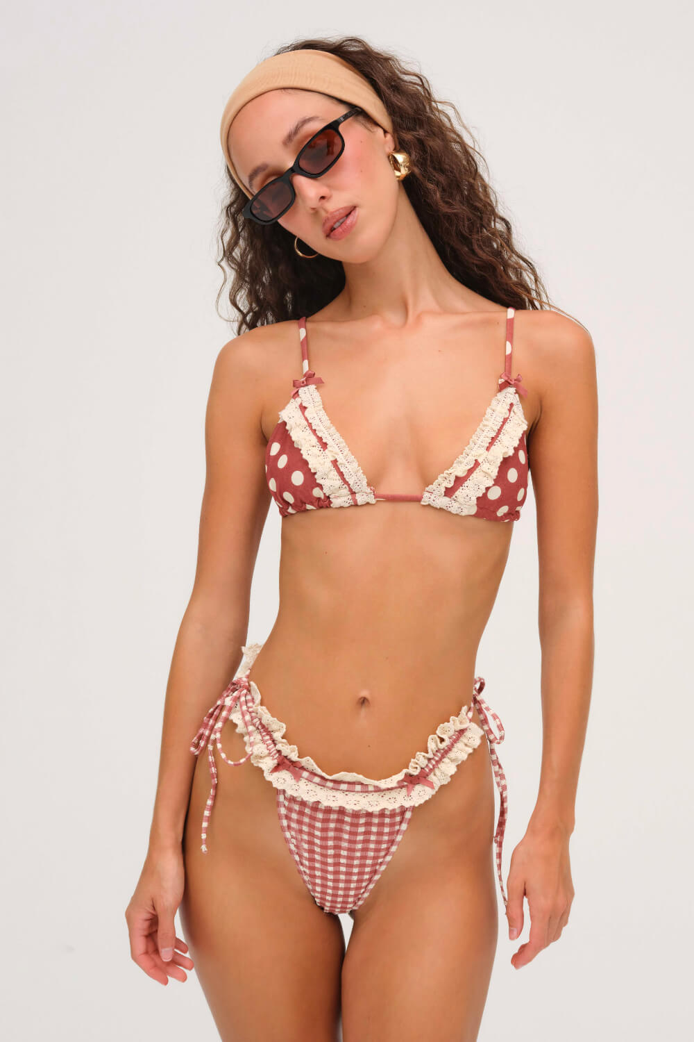 Retro Red Gingham Dot Print Ruffled Lace Trim Triangle Halter Tie Side Bikini Set With Blue Bow Details