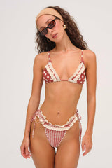 Retro Red Gingham Dot Print Ruffled Lace Trim Triangle Halter Tie Side Bikini Set With Blue Bow Details
