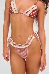 Retro Red Gingham Dot Print Ruffled Lace Trim Triangle Halter Tie Side Bikini Set With Blue Bow Details