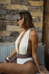 Color Block Plunge Halter Tie-Up One Piece Swimsuit With Gold Hardware Detailing