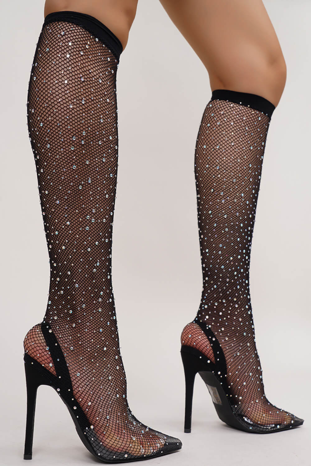 Rhinestone Clear Perspex Fishnet Pointed Toe Knee High Sock Heels