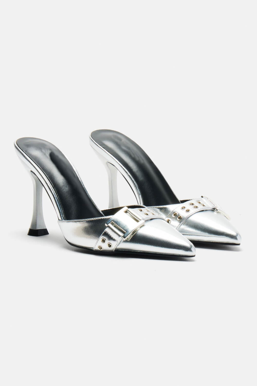 Silver Metallic Pointed Toe High Heel Mules With Hardware Details