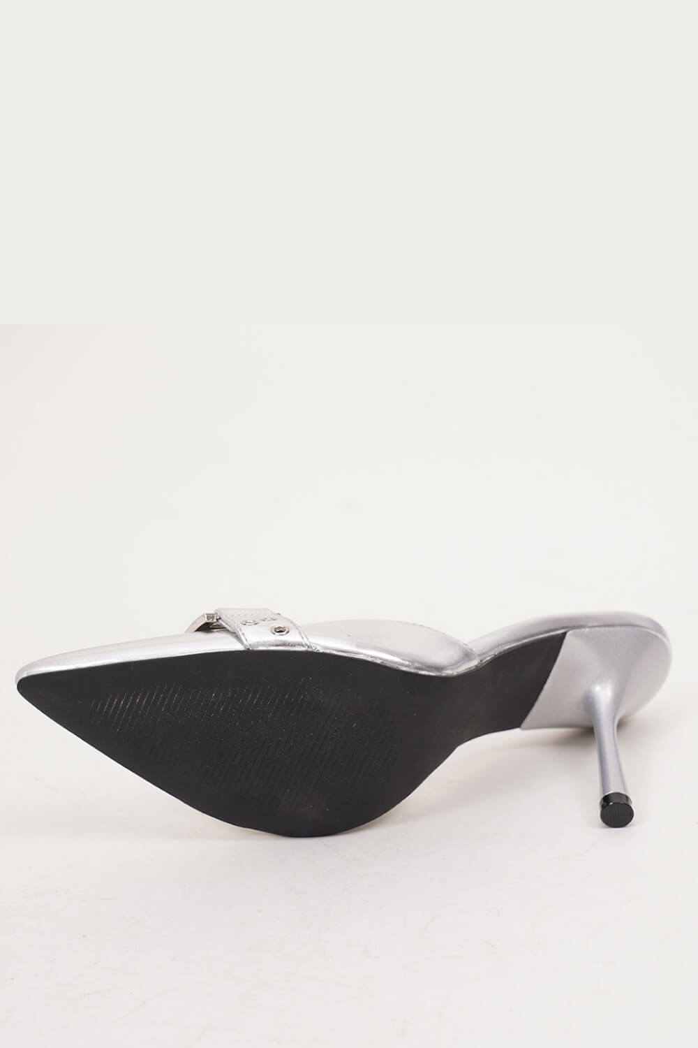 Silver Metallic Pointed Toe High Heel Mules With Hardware Details