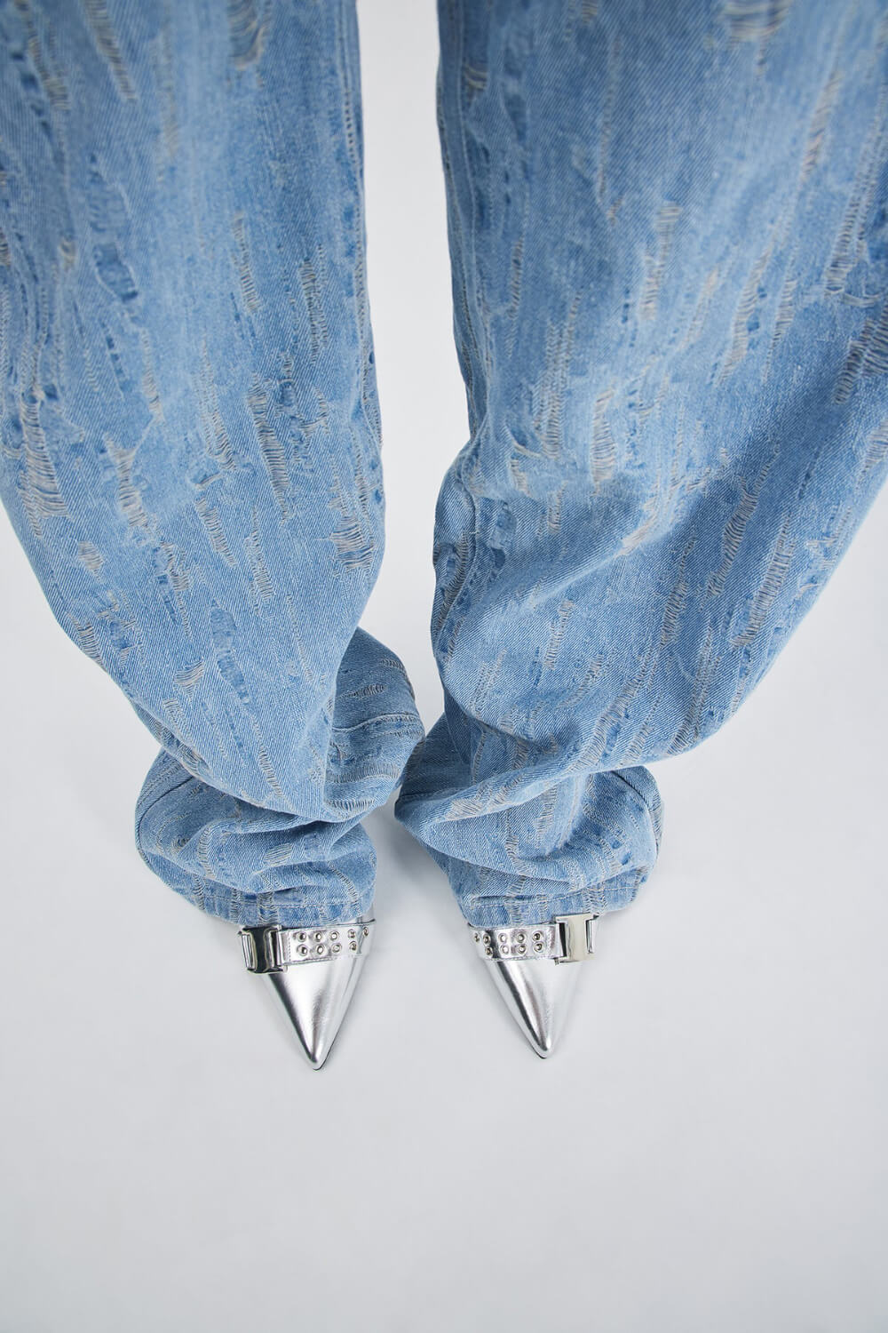 Silver Metallic Pointed Toe High Heel Mules With Hardware Details