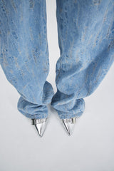 Silver Metallic Pointed Toe High Heel Mules With Hardware Details