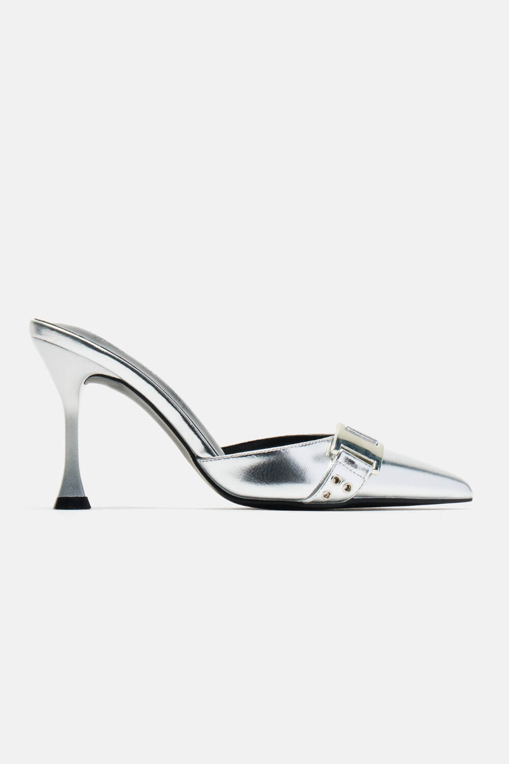 Silver Metallic Pointed Toe High Heel Mules With Hardware Details