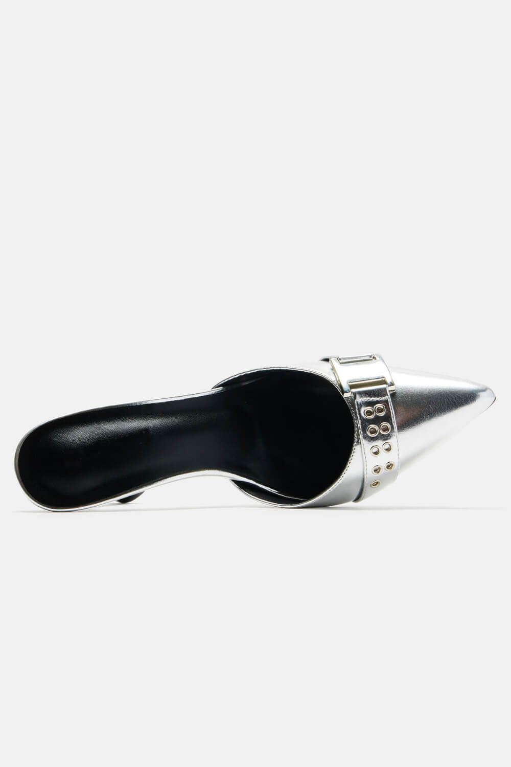 Silver Metallic Pointed Toe High Heel Mules With Hardware Details