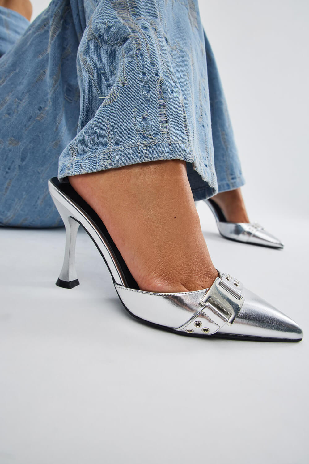 Silver Metallic Pointed Toe High Heel Mules With Hardware Details