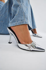 Silver Metallic Pointed Toe High Heel Mules With Hardware Details
