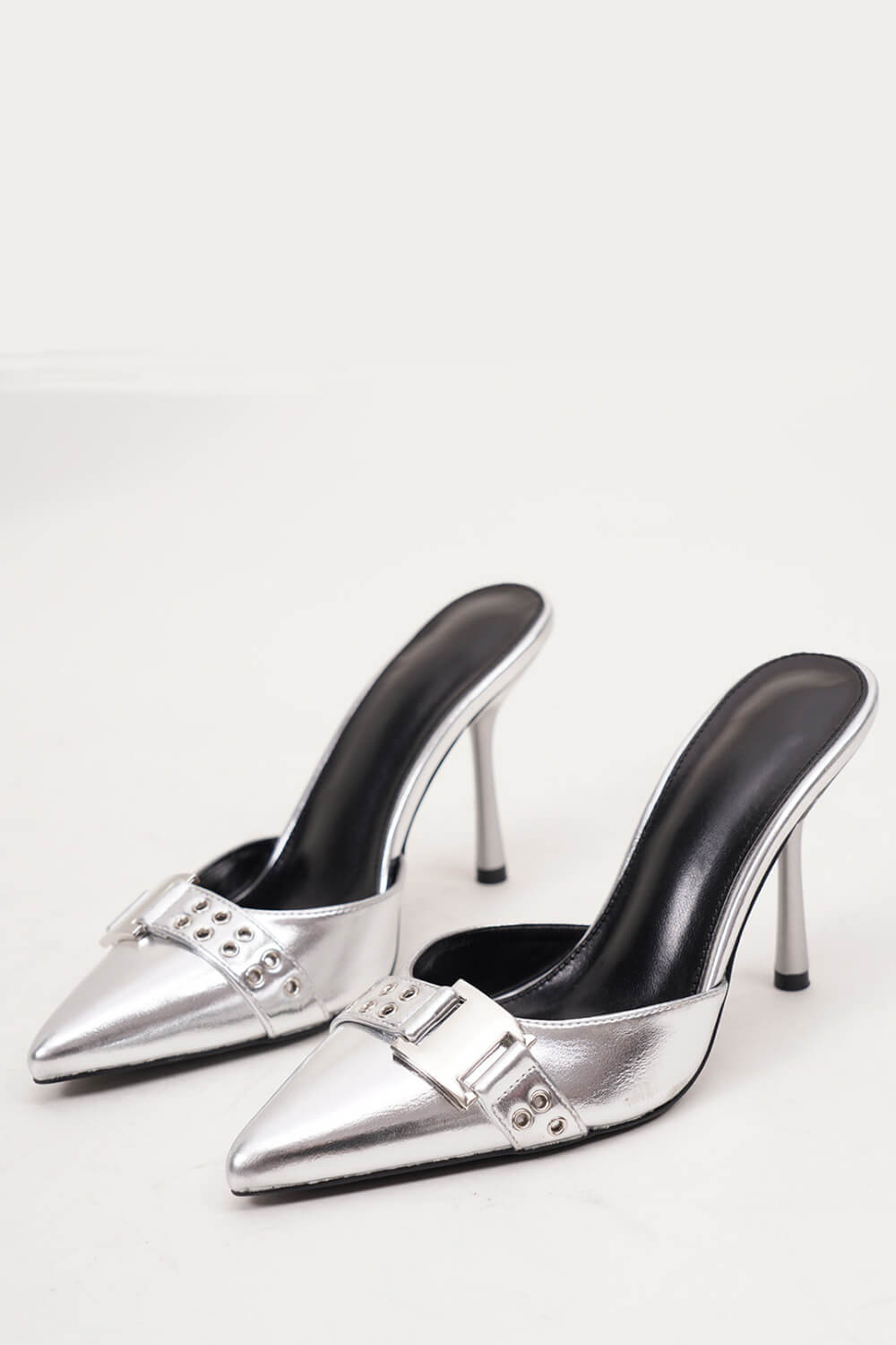 Silver Metallic Pointed Toe High Heel Mules With Hardware Details