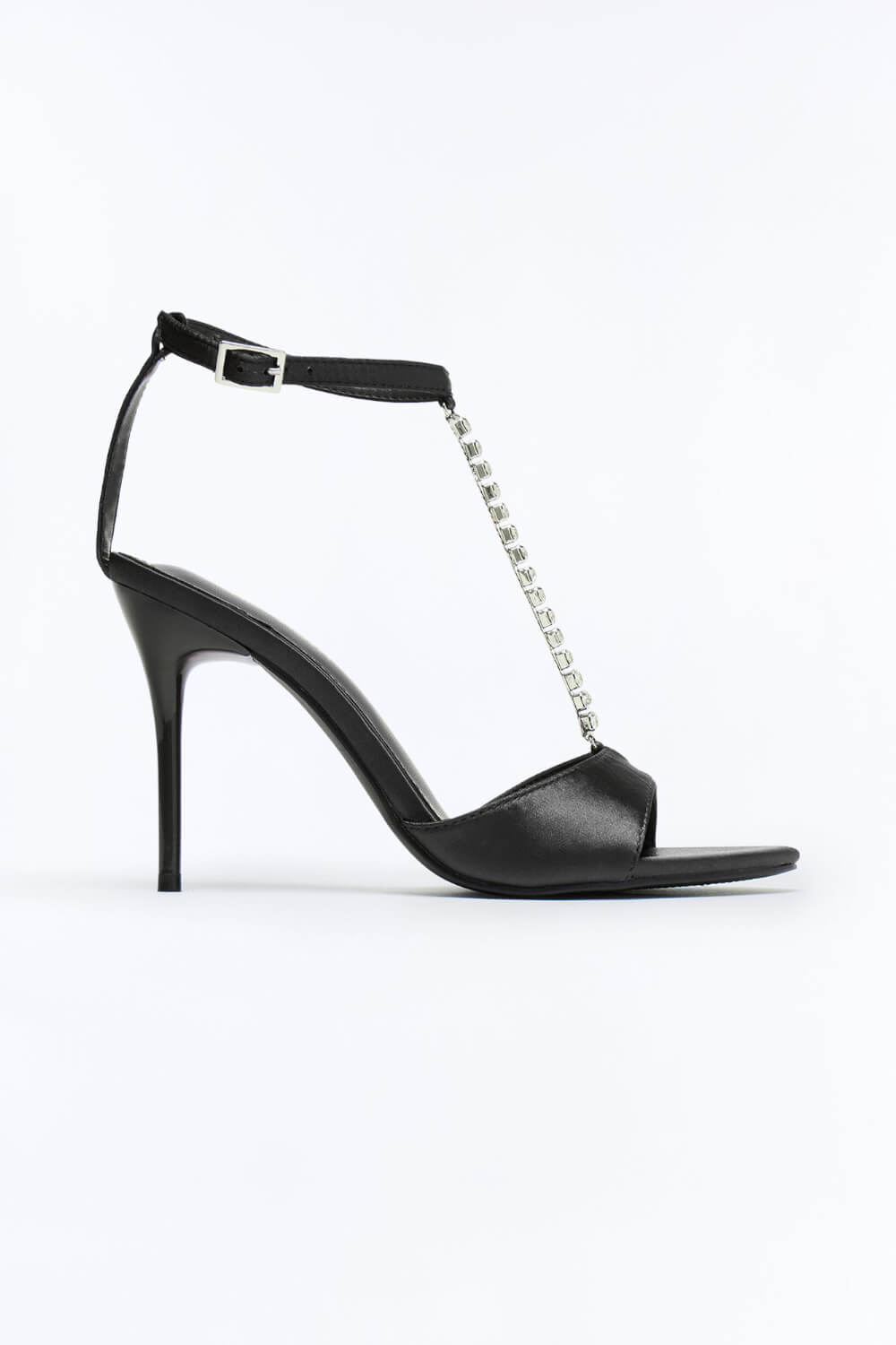 Satin T-Strap Crystal-Chain Open Square Toe Stiletto Heels