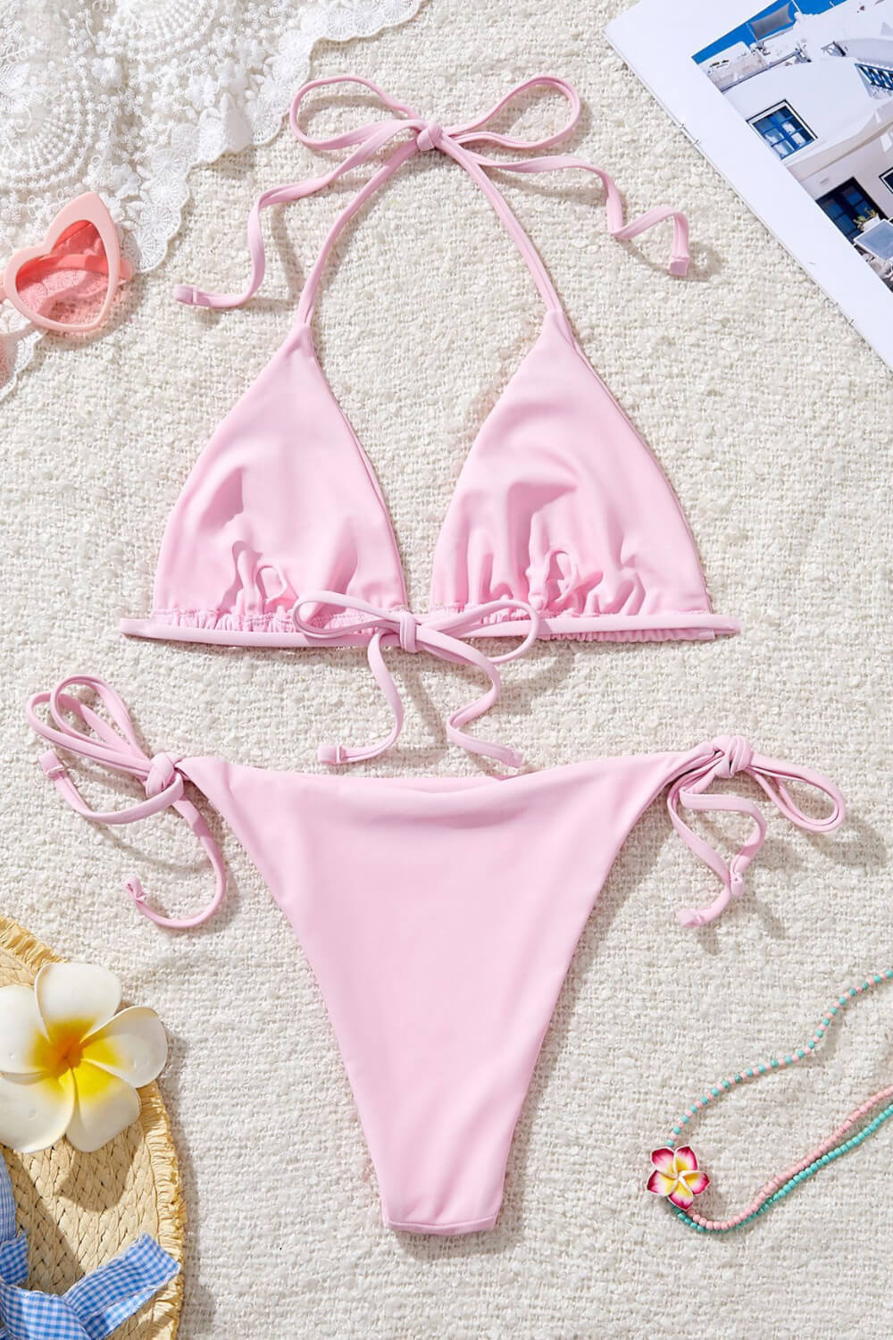 Crystal-Embellished Triangle Halter Tie Side Bikini Set