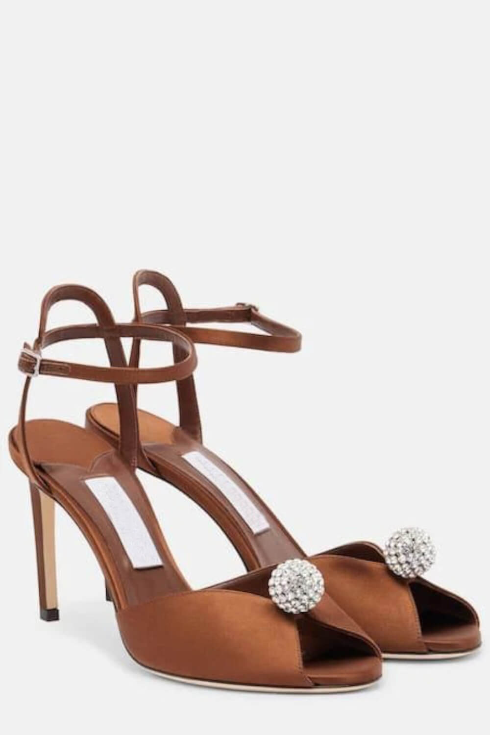 Satin Crystal-Embellished Balls Peep-Toe Heeled Sandals