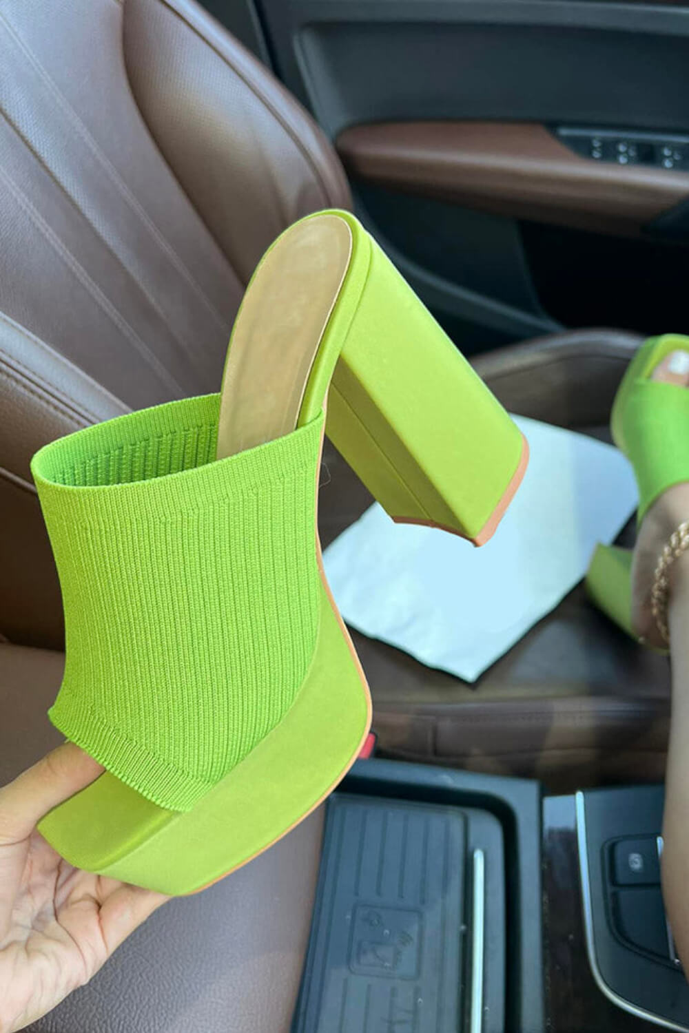 Lycra & Knit Chunky Open Toe Platform High Heeled Mules