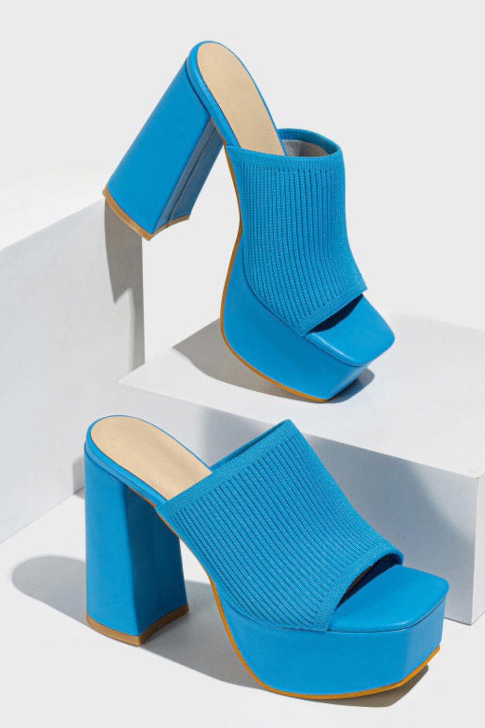 Lycra & Knit Chunky Open Toe Platform High Heeled Mules