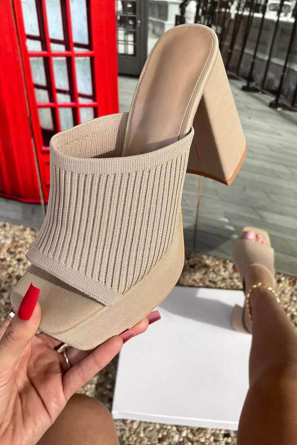 Lycra & Knit Chunky Open Toe Platform High Heeled Mules