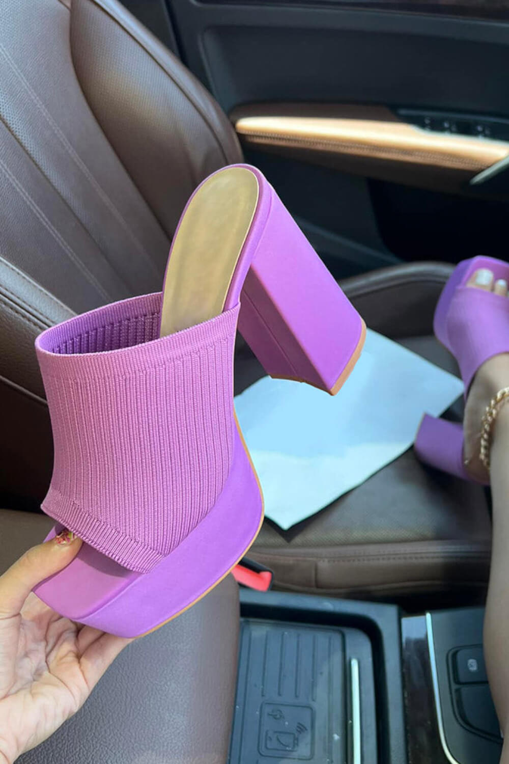 Lycra & Knit Chunky Open Toe Platform High Heeled Mules