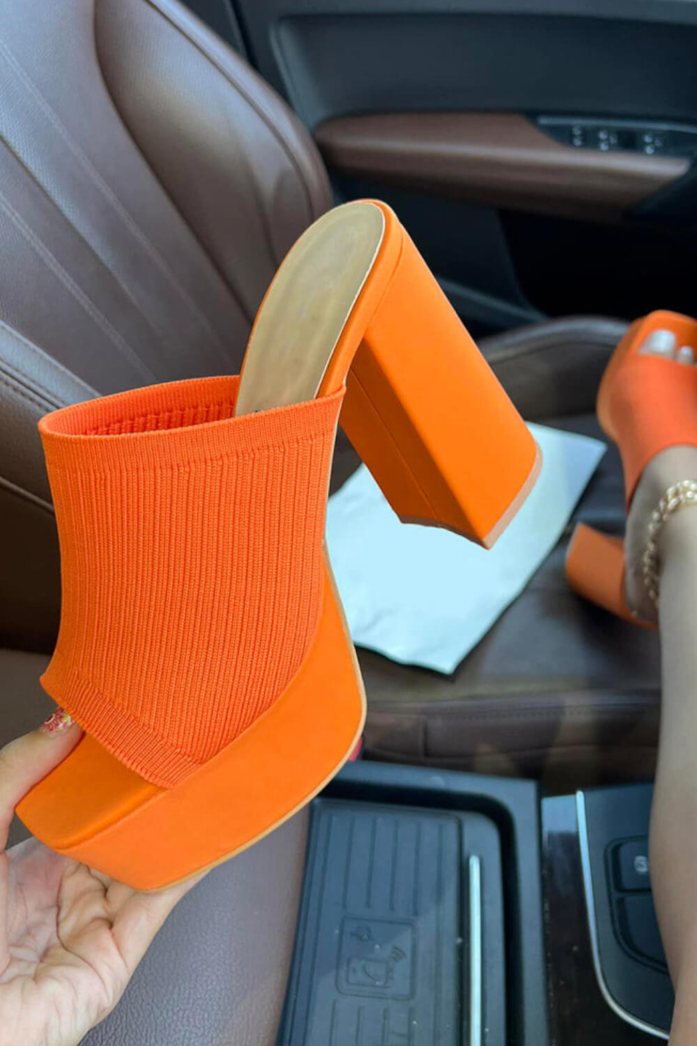 Lycra & Knit Chunky Open Toe Platform High Heeled Mules