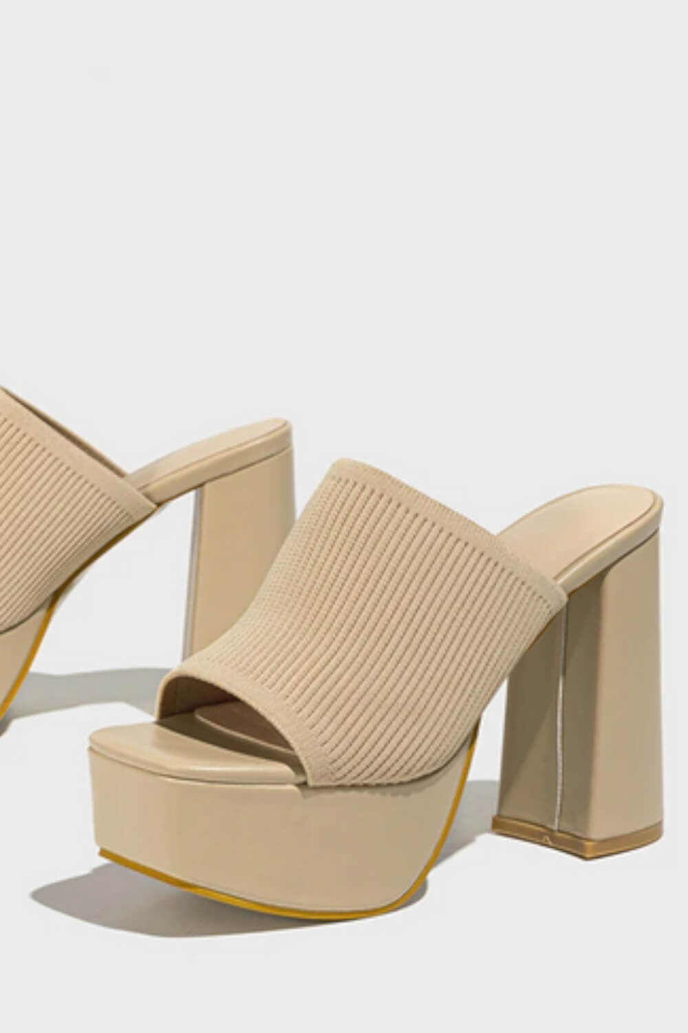 Lycra & Knit Chunky Open Toe Platform High Heeled Mules