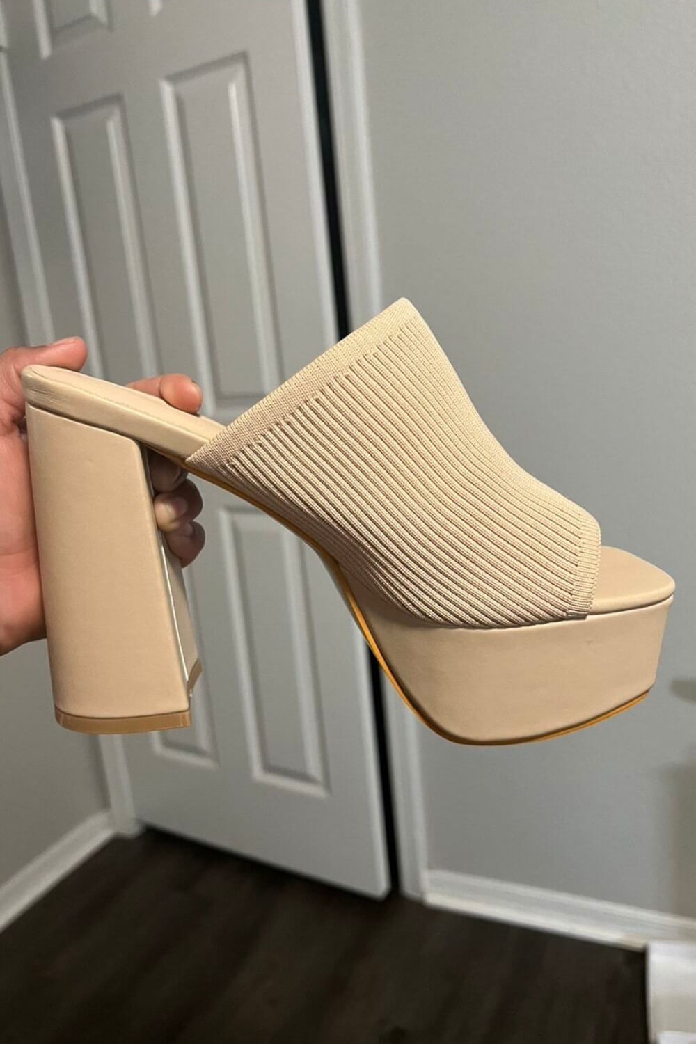Lycra & Knit Chunky Open Toe Platform High Heeled Mules