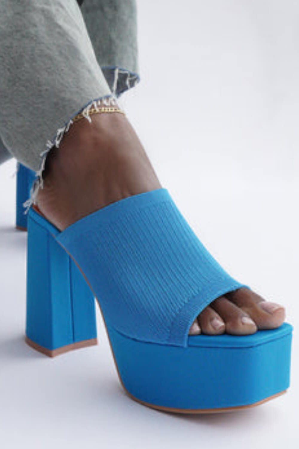 Lycra & Knit Chunky Open Toe Platform High Heeled Mules