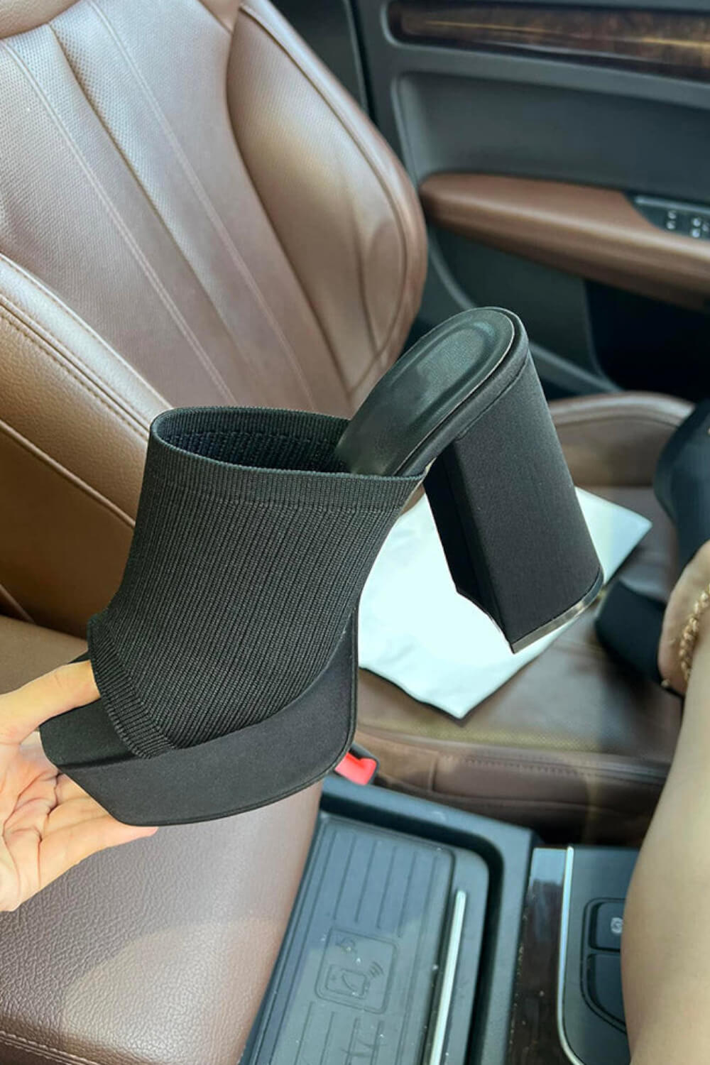 Lycra & Knit Chunky Open Toe Platform High Heeled Mules