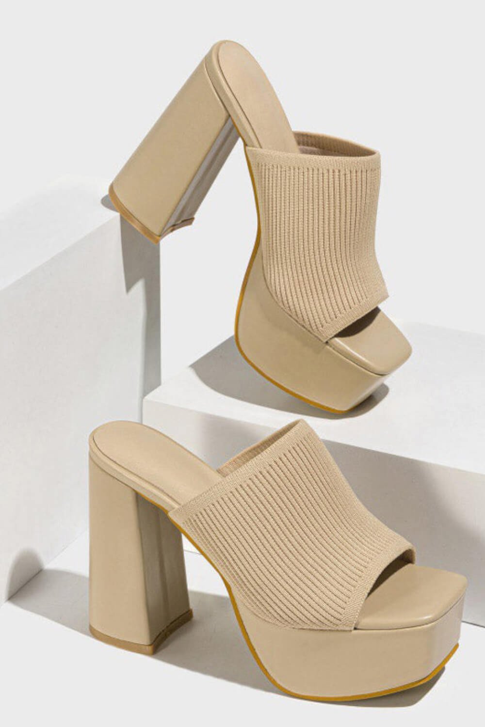 Lycra & Knit Chunky Open Toe Platform High Heeled Mules