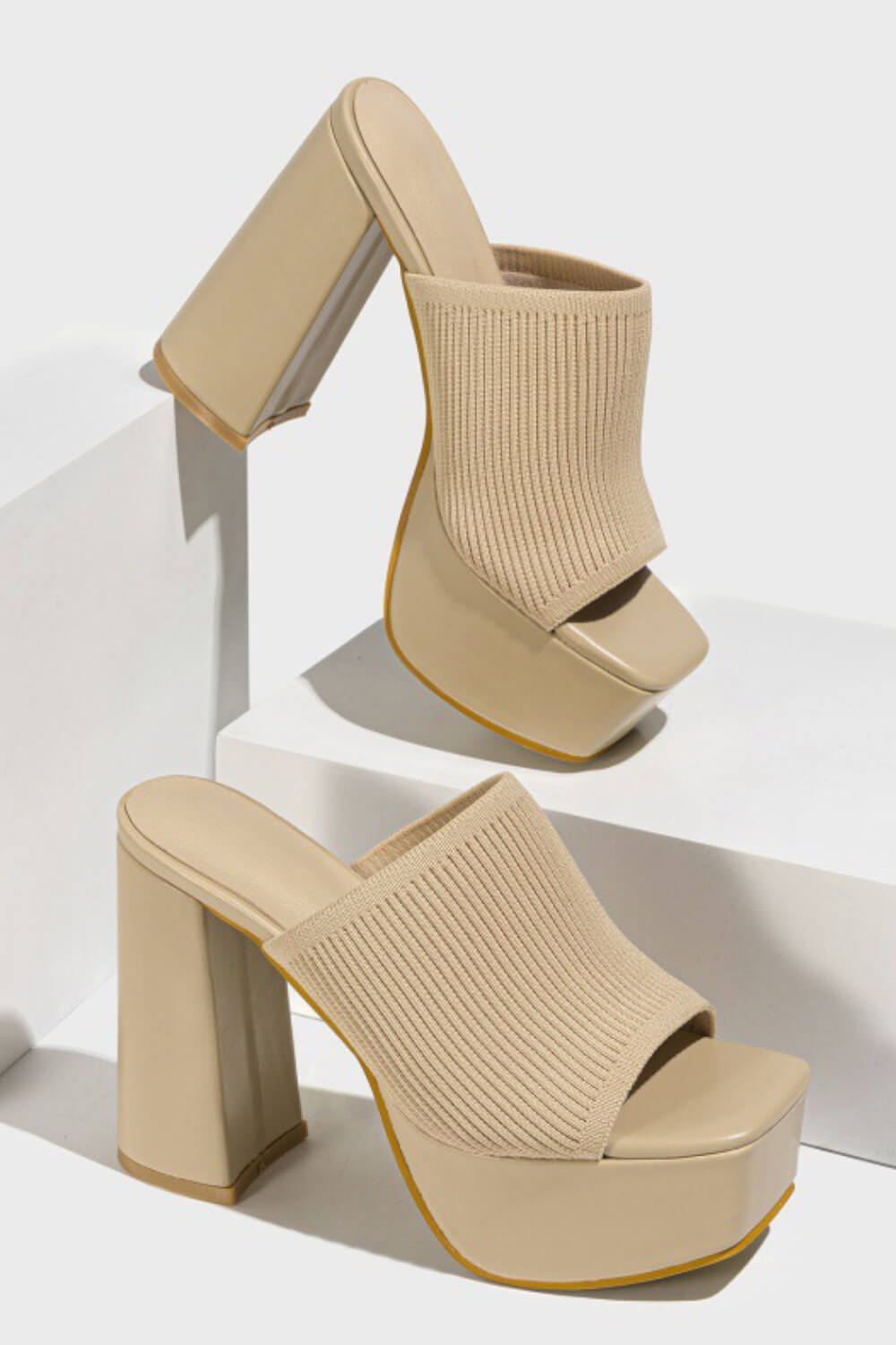 Lycra & Knit Chunky Open Toe Platform High Heeled Mules