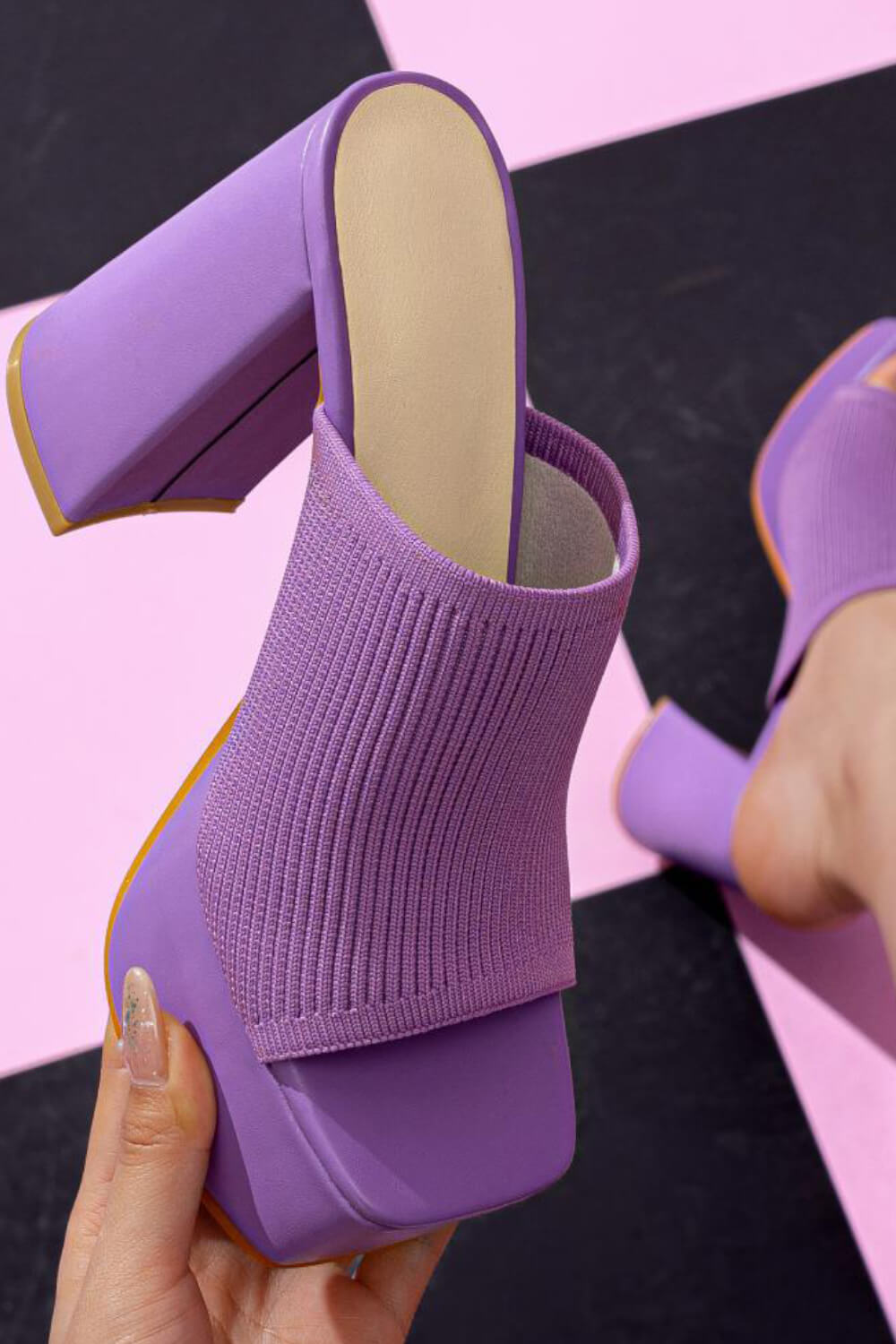 Lycra & Knit Chunky Open Toe Platform High Heeled Mules