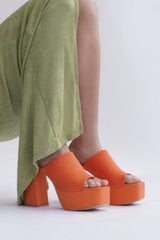 Lycra & Knit Chunky Open Toe Platform High Heeled Mules