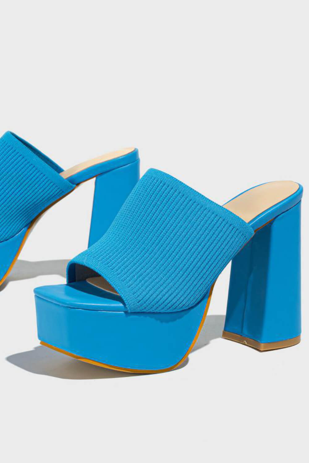 Lycra & Knit Chunky Open Toe Platform High Heeled Mules