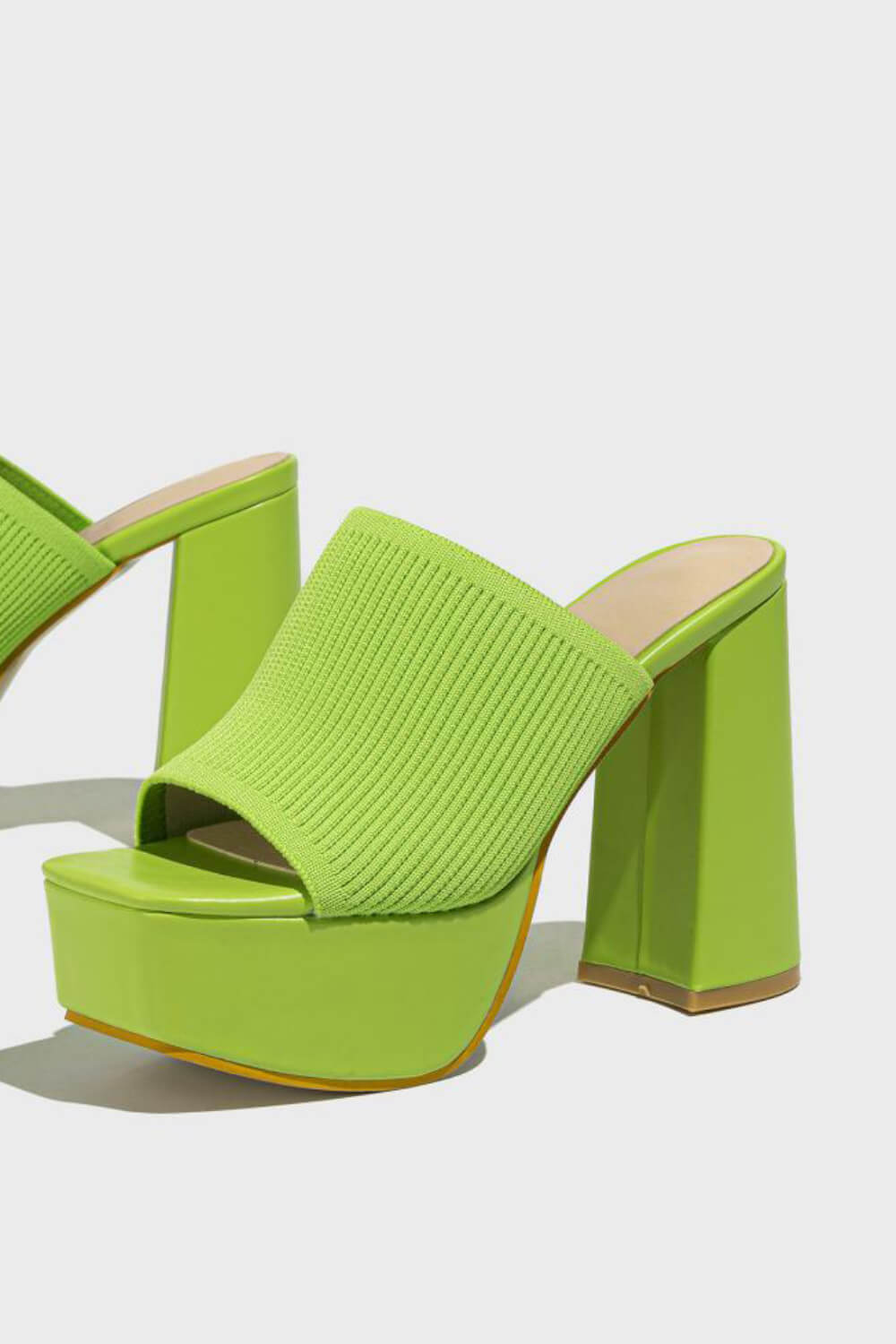 Lycra & Knit Chunky Open Toe Platform High Heeled Mules