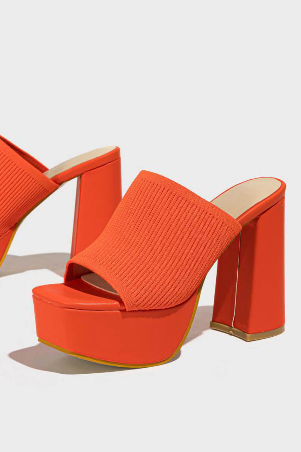 Lycra & Knit Chunky Open Toe Platform High Heeled Mules