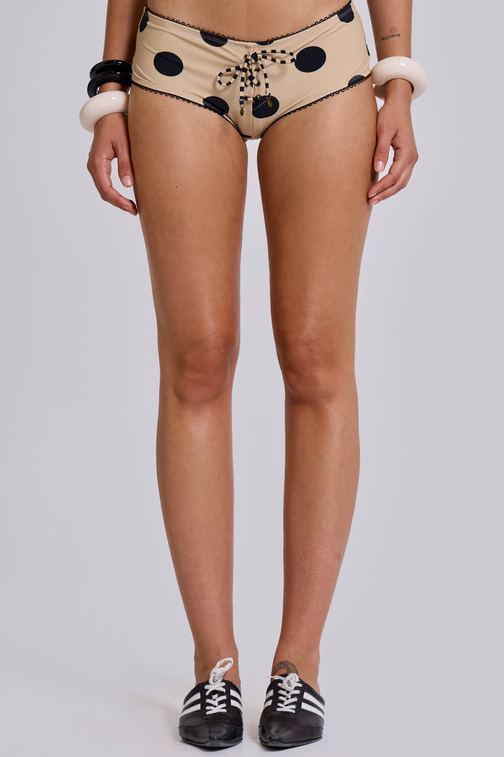Polka Dot Triangle Halter Bikini Top And Low Rise Boy Shorts With Lace Trim Details