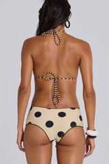 Polka Dot Triangle Halter Bikini Top And Low Rise Boy Shorts With Lace Trim Details