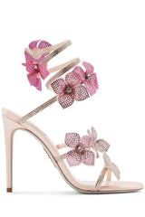 Crystal-Embellished Flower Around The Ankle Coil Stiletto Sandals