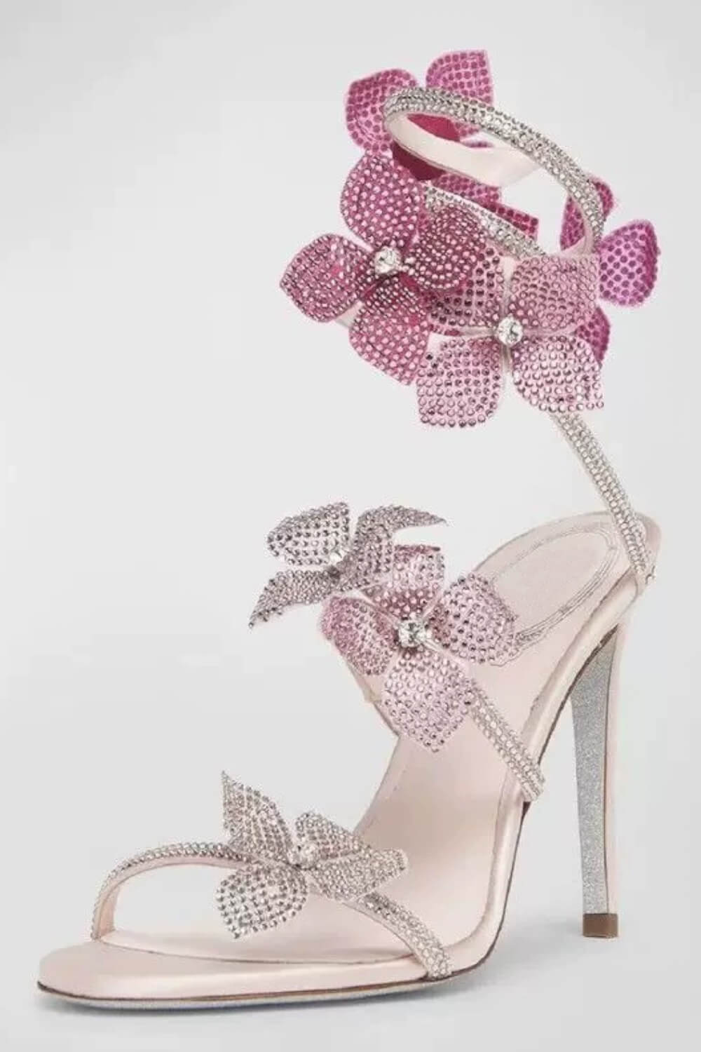 Crystal-Embellished Flower Around The Ankle Coil Stiletto Sandals