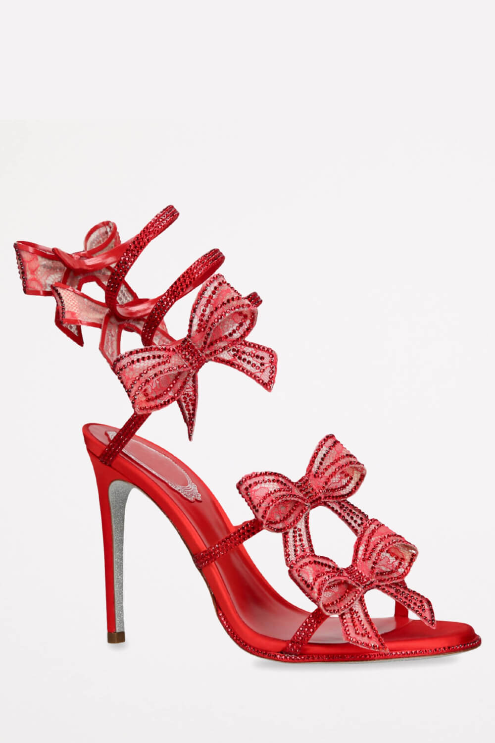 Satin Diamante Bow-Embellished Around The Ankle Coil Stiletto Heel Sandals