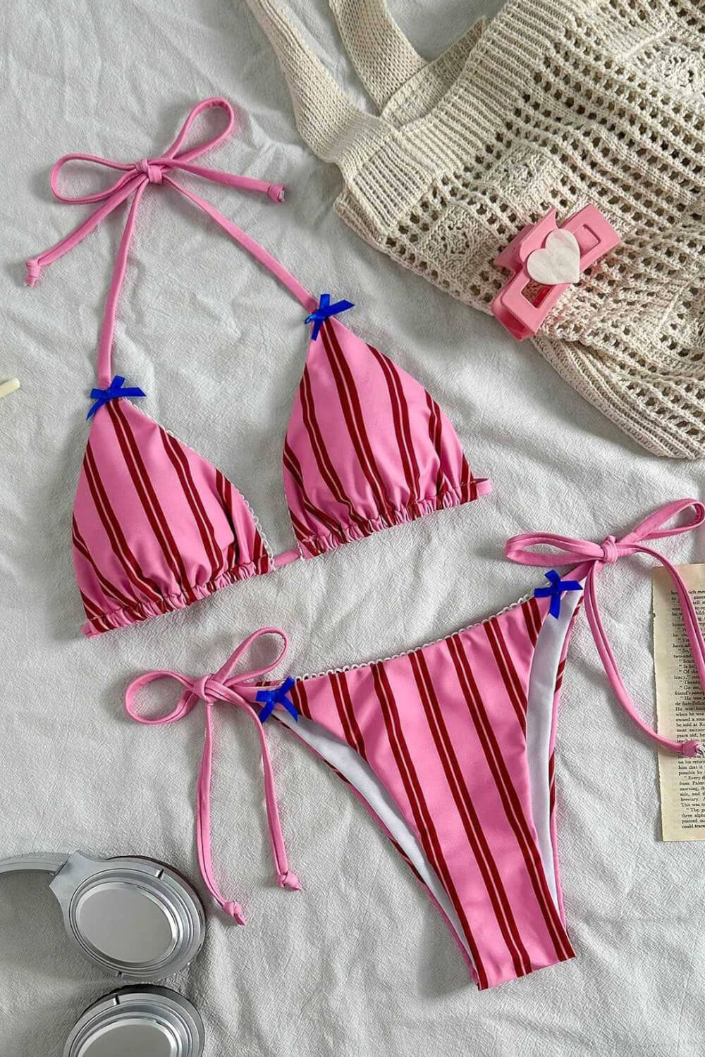 Striped Print Picot Trim Triangle Halter Tie Side Bikini Set With Bows Detailing