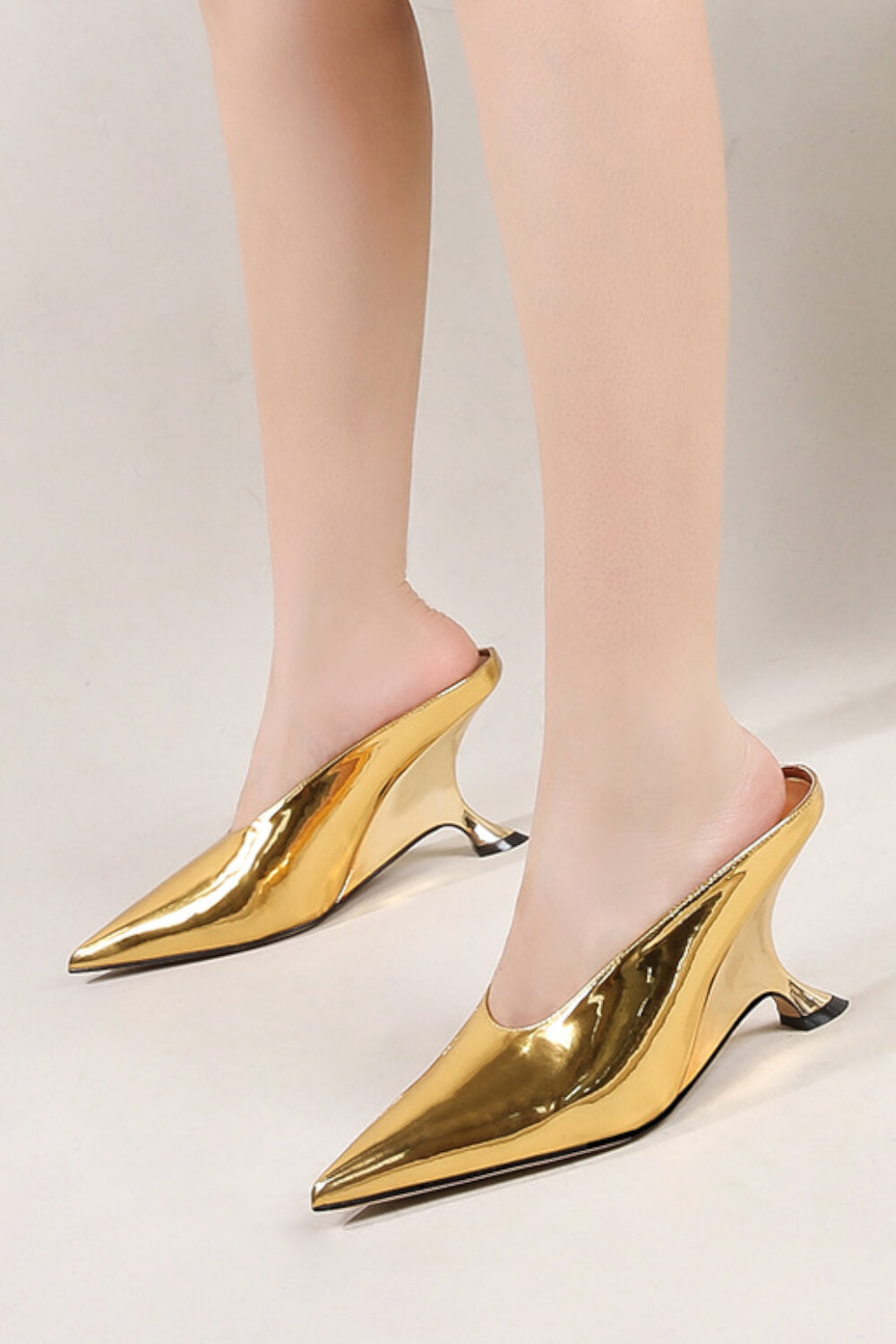 Metallic Faux Leather Pointed Toe Wedged Heels Mules