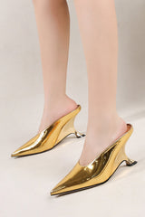 Metallic Faux Leather Pointed Toe Wedged Heels Mules