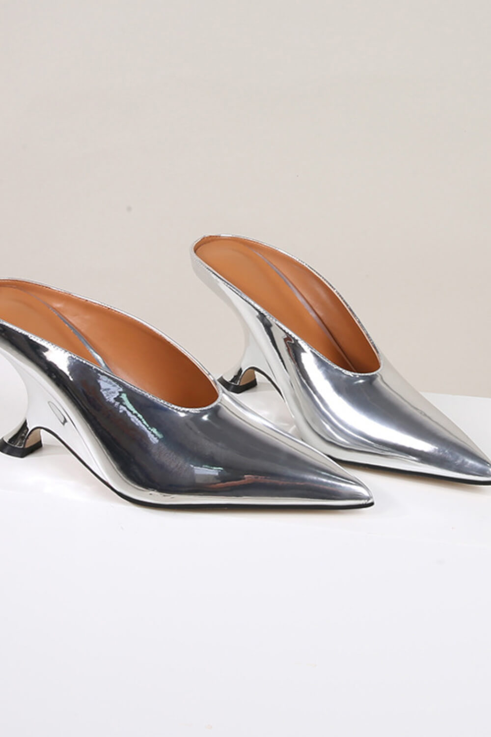 Metallic Faux Leather Pointed Toe Wedged Heels Mules